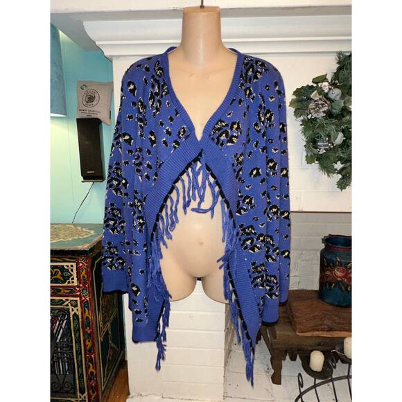 BOHO BLUE ANIMAL PRINT LEOPARD FRINGED CARDIGAN SWEATER S/M - Picture 2 of 10